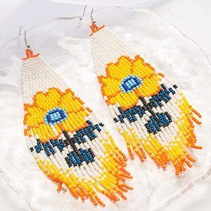 Long 6" Handmade Beaded Blue Purple Flower Oversized Earrings Beads Handcrafted